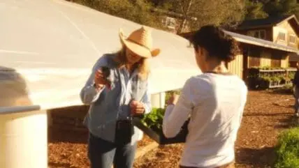 Two people examining fresh vegetables at a farm during daylight.