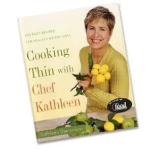 Cooking Thin with Chef Kathleen cookbook cover featuring a woman in yellow holding lemons
