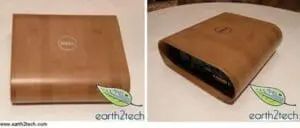 Brown Dell laptop with bamboo casing shown from front and side angles
