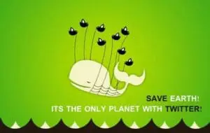 Cartoon whale with Twitter bird icons on green background with "Save Earth" text