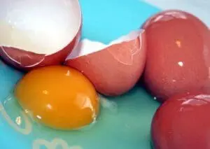 Broken and whole eggs with reddish-brown shells on a blue surface