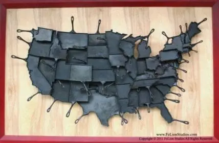 Map of the United States made from cast iron skillets shaped like individual states