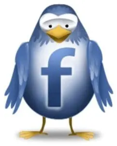Blue bird mascot with Facebook logo on chest