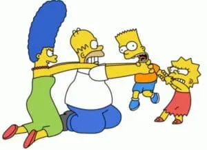 The Simpson family playing tug-of-war