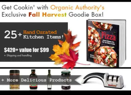 Organic Authority's Fall Harvest Goodie Box contents including cookbooks, kitchen tools, and