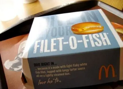 McDonald's Filet-O-Fish sandwich packaging box on a tray