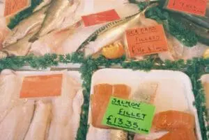 Fresh fish fillets and whole fish displayed at a market counter with price tags