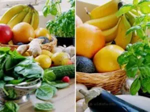 Fresh organic produce including fruits, vegetables, herbs, and ginger arranged in baskets