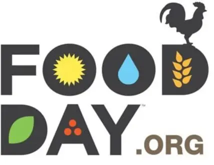 Food Day logo with sun, water drop, wheat, rooster, leaf, and berries icons