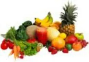 Assorted fresh fruits and vegetables including bananas, pineapple, tomatoes, leafy greens, carrots