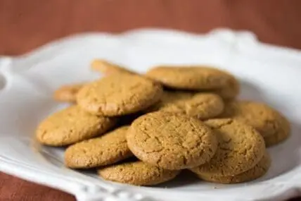 Stack of gingersnap cookies on a white plate
