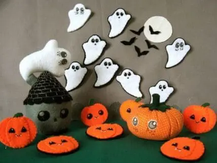 DIY Halloween decorations including felt ghosts, jack-o'-lantern pumpkins, and a witch hat craft