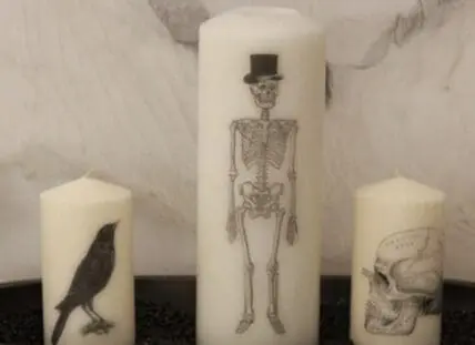 Three white pillar candles decorated with black skeleton and bird illustrations