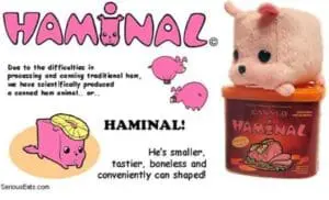 Humorous infographic about "Haminal" canned ham product with mascot and plush toy