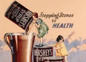 Vintage Hershey's syrup advertisement showing children and "Stepping Stones to Health" messaging