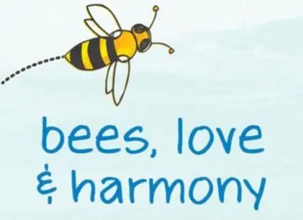 Illustrated bee with yellow and black stripes and text reading "bees, love & harmony