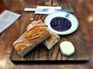 A snack of jam and bread.
