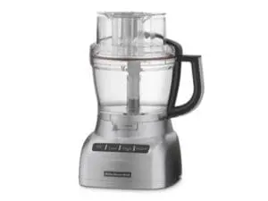 KitchenAid food processor with clear bowl and black base on white background