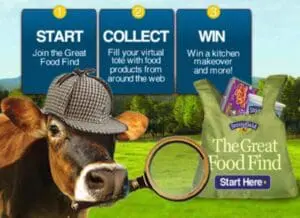 Stonyfield Yogurt Great Food Find virtual scavenger hunt game with cow mascot and instructions.
