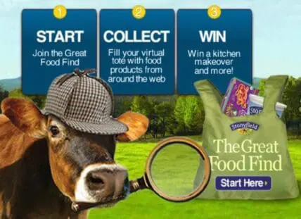 Stonyfield Yogurt Great Food Find virtual scavenger hunt game with cow mascot and instructions.