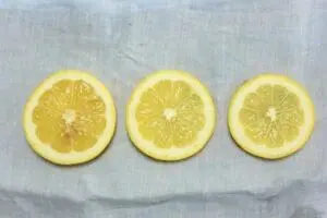Three lemon slices arranged in a row on a gray cloth surface