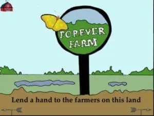 Forever Farm logo with yellow butterfly and tagline "Lend a hand to the farmers on this land