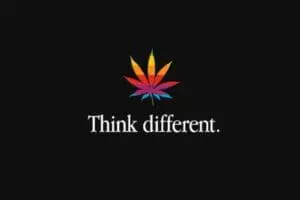 Colorful marijuana leaf with "Think different" text on black background