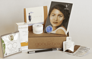 Goodebox natural beauty subscription box with skincare products and magazine displayed.
