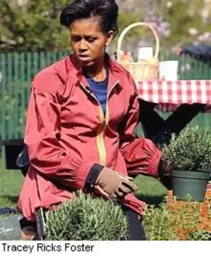 Woman in red jacket tending plants in an organic garden with picnic basket in background