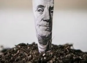 Dollar bill planted in soil symbolizing corporate money in agriculture