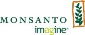 Monsanto logo with green leaf symbol and "imagine" tagline