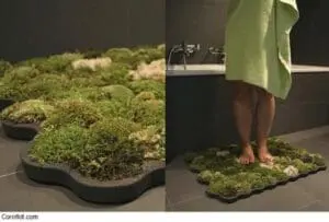 Moss-covered bathroom mat shown in use beside a sink and on a bathroom floor