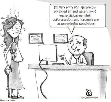 Cartoon of doctor telling sick woman that nature caused her illness due to pollution and