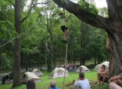 Person performing a rope climb at a MovNat outdoor training session in a forest clearing with tents