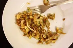 Crispy golden oyster mushroom chips on a white plate with a fork