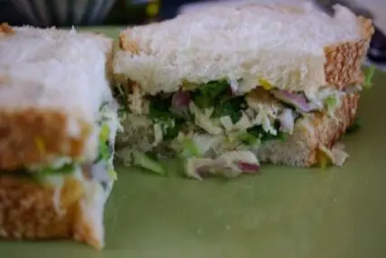 Chicken salad sandwich on whole wheat bread with vegetables