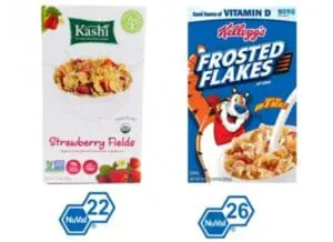 Two breakfast cereal boxes with NuVal nutrition scores: Kashi Strawberry Fields (22) and Kellogg's