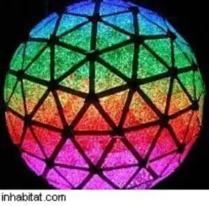 Illuminated geodesic sphere with rainbow-colored triangular LED panels