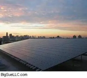 Solar panel array on Brooklyn rooftop at dusk with Manhattan skyline