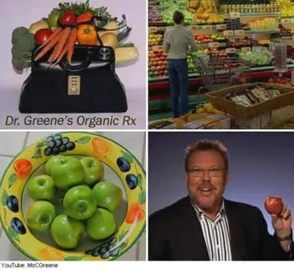 Dr. Greene's Organic Rx logo, grocery store produce section, bowl of green apples, and man holding