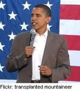 Obama speaking at a podium in front of an American flag