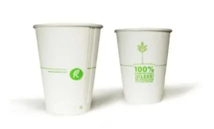 Two white compostable coffee cups with green branding and environmental messaging