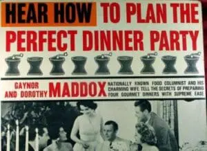 Vintage advertisement for Gaynor and Dorothy Maddox's dinner party planning guide featuring