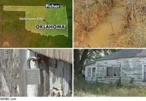 Picher, Oklahoma location map and images of contaminated water, abandoned buildings, and