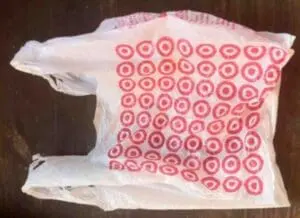 Paper bag with red Target logo circles printed on it