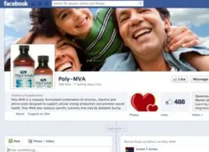 Poly-MVA vitamin supplement Facebook page with product bottles and family photo