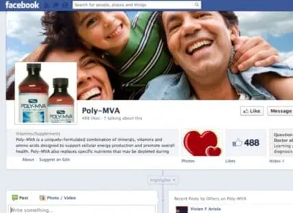 Poly-MVA vitamin supplement Facebook page with product bottles and family photo