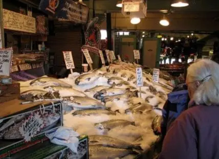 Fresh fish displayed at a market counter with price tags