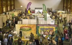 Crowd of visitors browsing vendor booths at Green Festival in Los Angeles convention center