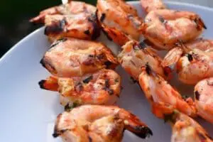 Grilled shrimp with char marks on a white plate